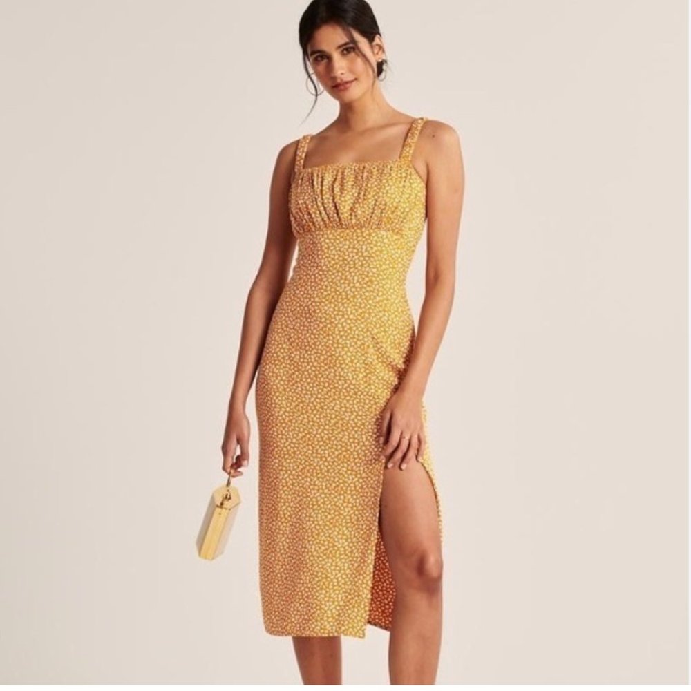 Abercrombie Yellow Dot Midi Dress with Side Slit - Size XS